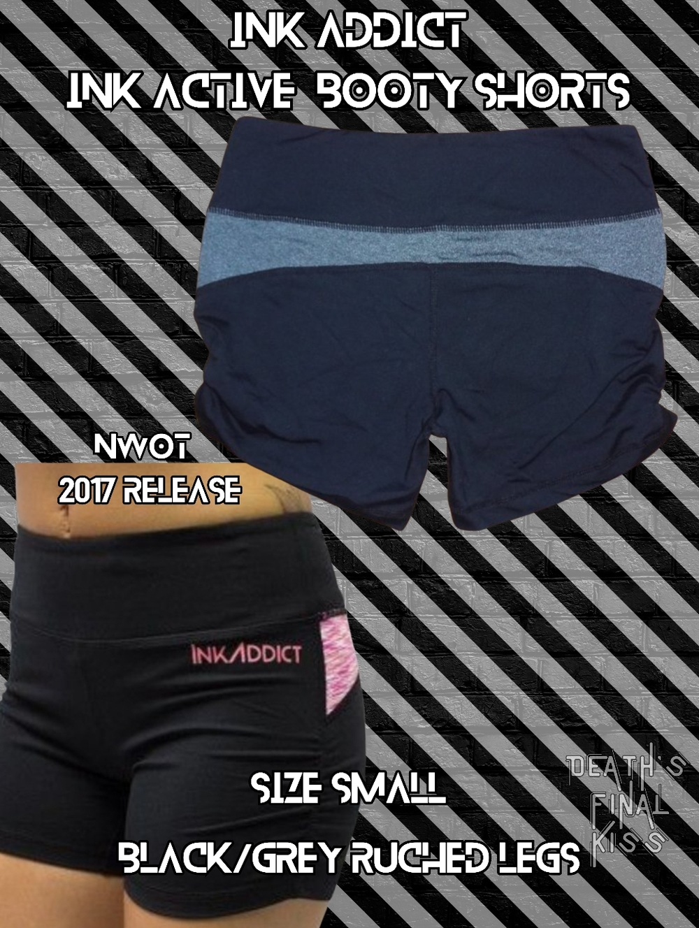 INK ADDICT black GREY Active booty shorts roller derby S RARE tattoo model sexy
